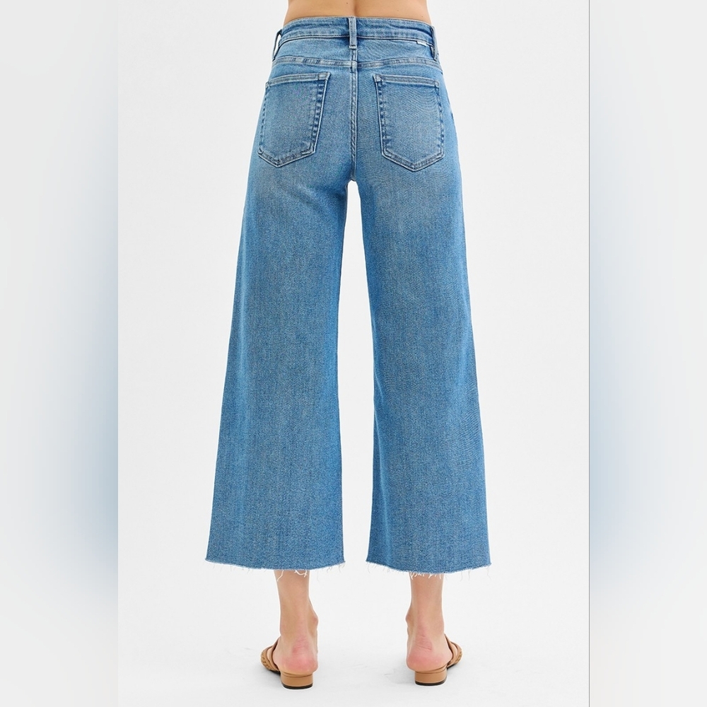 RISEN Mid-Rise Tummy Control Pintuck Seam Wide Leg Pants Slit Hem Denim Jeans - Picture 3 of 16